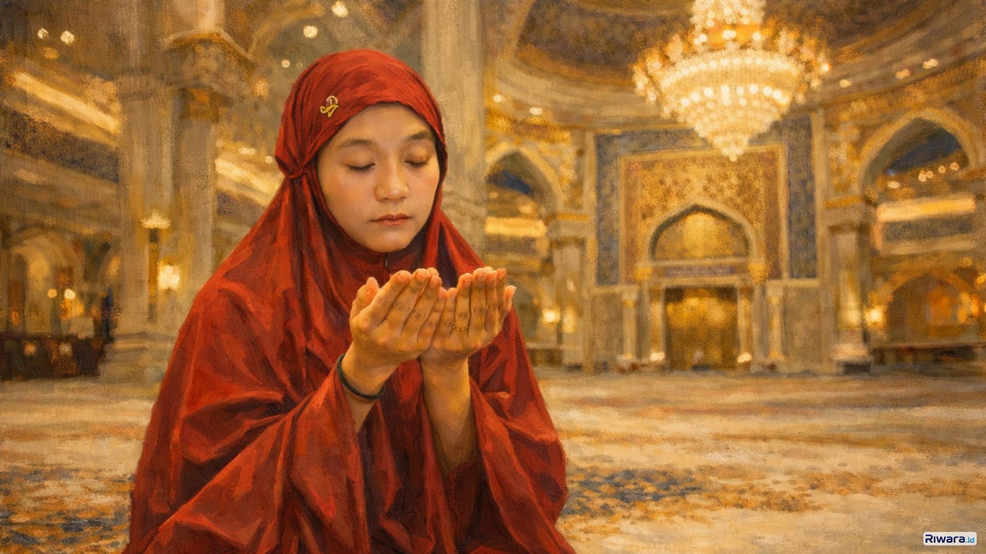 Muslimah berdoa di dalam masjid pada malam Ramadhan untuk meraih Lailatul Qadar.